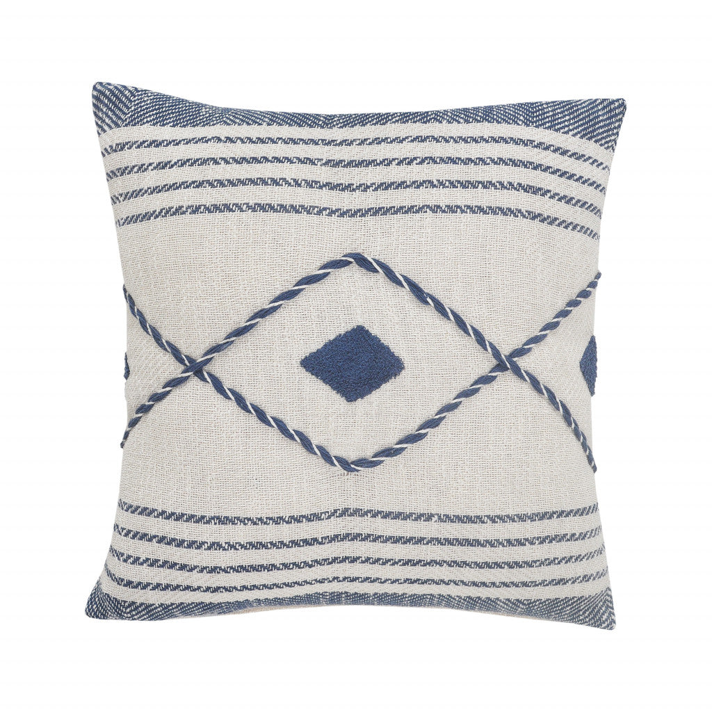 20" Ivory and Blue Coastal Cotton Throw Pillow With Texture-0