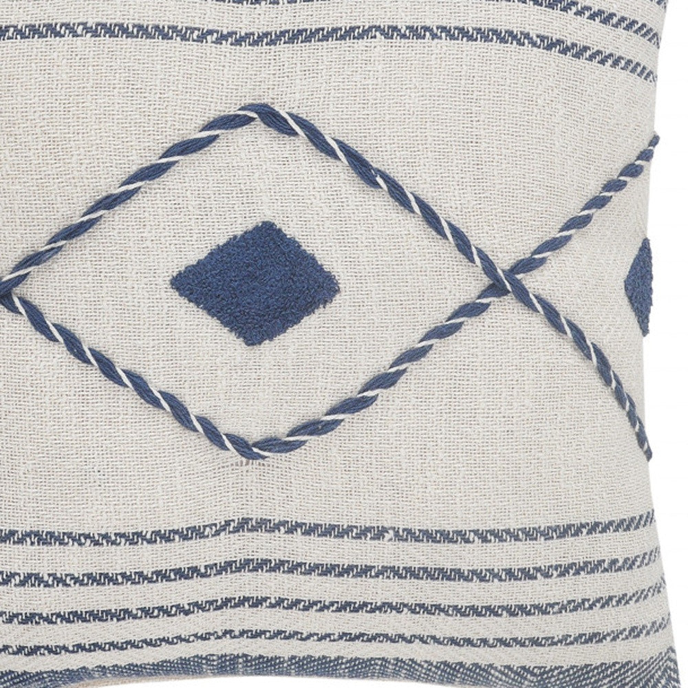 20" Ivory and Blue Coastal Cotton Throw Pillow With Texture-7