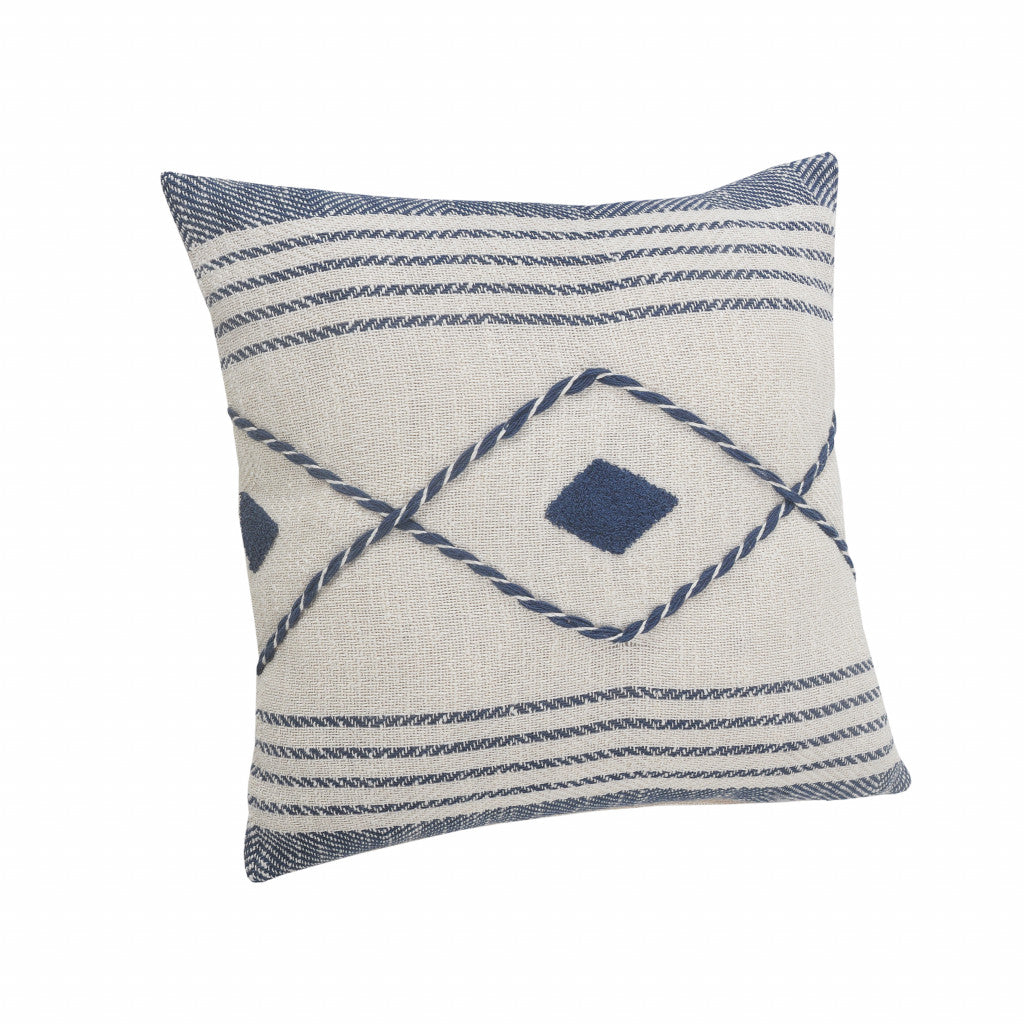 20" Ivory and Blue Coastal Cotton Throw Pillow With Texture-4