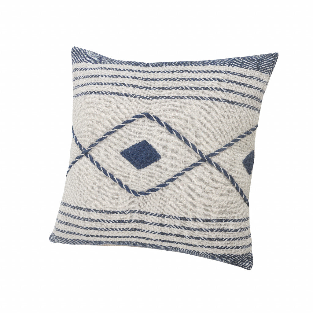 20" Ivory and Blue Coastal Cotton Throw Pillow With Texture-5