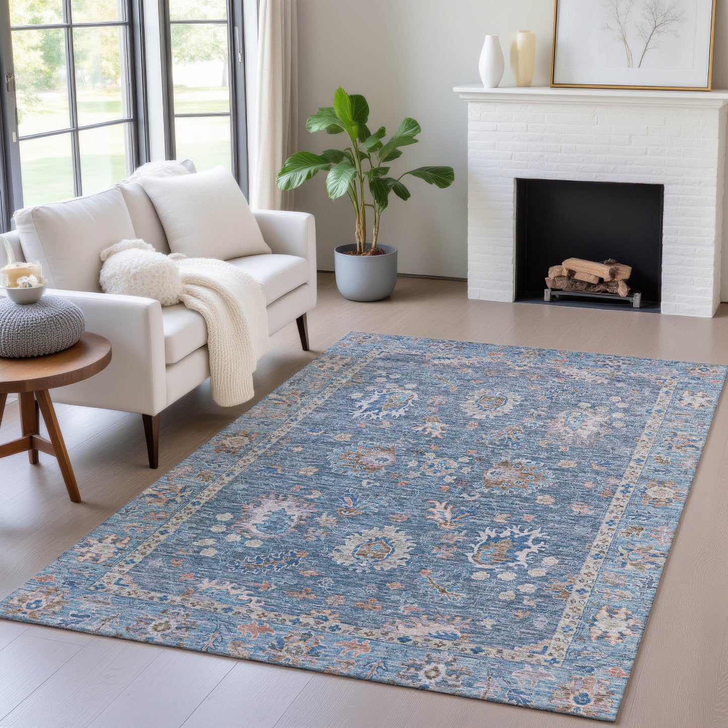 5' X 8' Blue And Beige Floral Washable Indoor Outdoor Area Rug-8