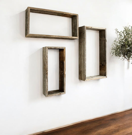 Set of Three Gray Wood Hanging Dimensional Sculpture-0