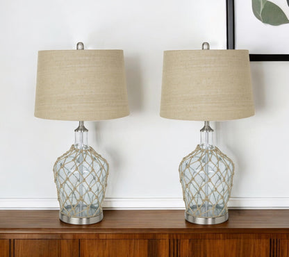 Set of Two 28" Light Blue And Silver Glass And Metal Coastal Table Lamps-0