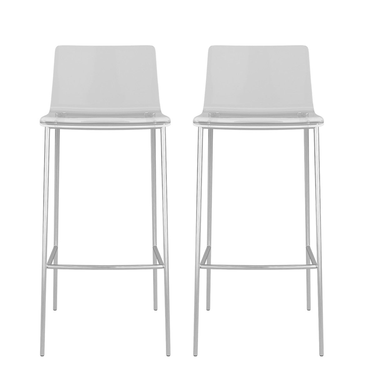 Set of Two 30" Clear And Silver Plastic Low Back Bar Height Bar Chairs-1