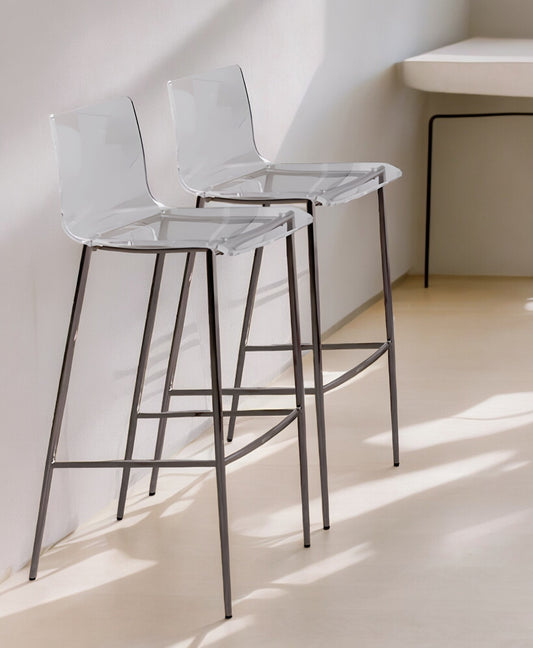 Set of Two 30" Clear And Silver Plastic Low Back Bar Height Bar Chairs-0