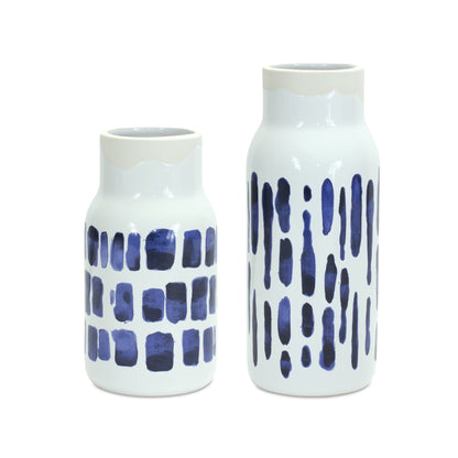 Set of Two Blue and White Abstract Cylinder Ceramic Table Vase-4
