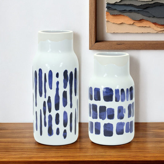 Set of Two Blue and White Abstract Cylinder Ceramic Table Vase-1