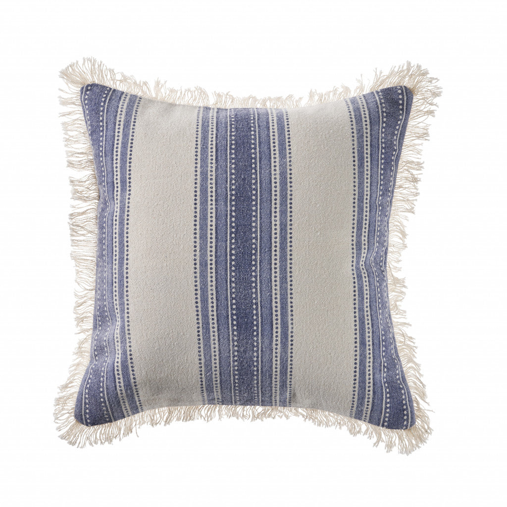 18" Navy Blue And Ivory Cotton Coastal Throw Pillow with Fringe-1