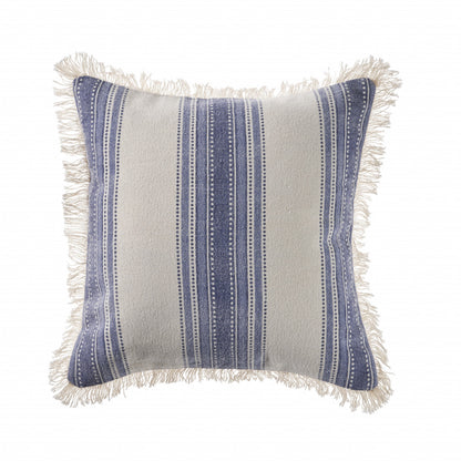 18" Navy Blue And Ivory Cotton Coastal Throw Pillow with Fringe-1