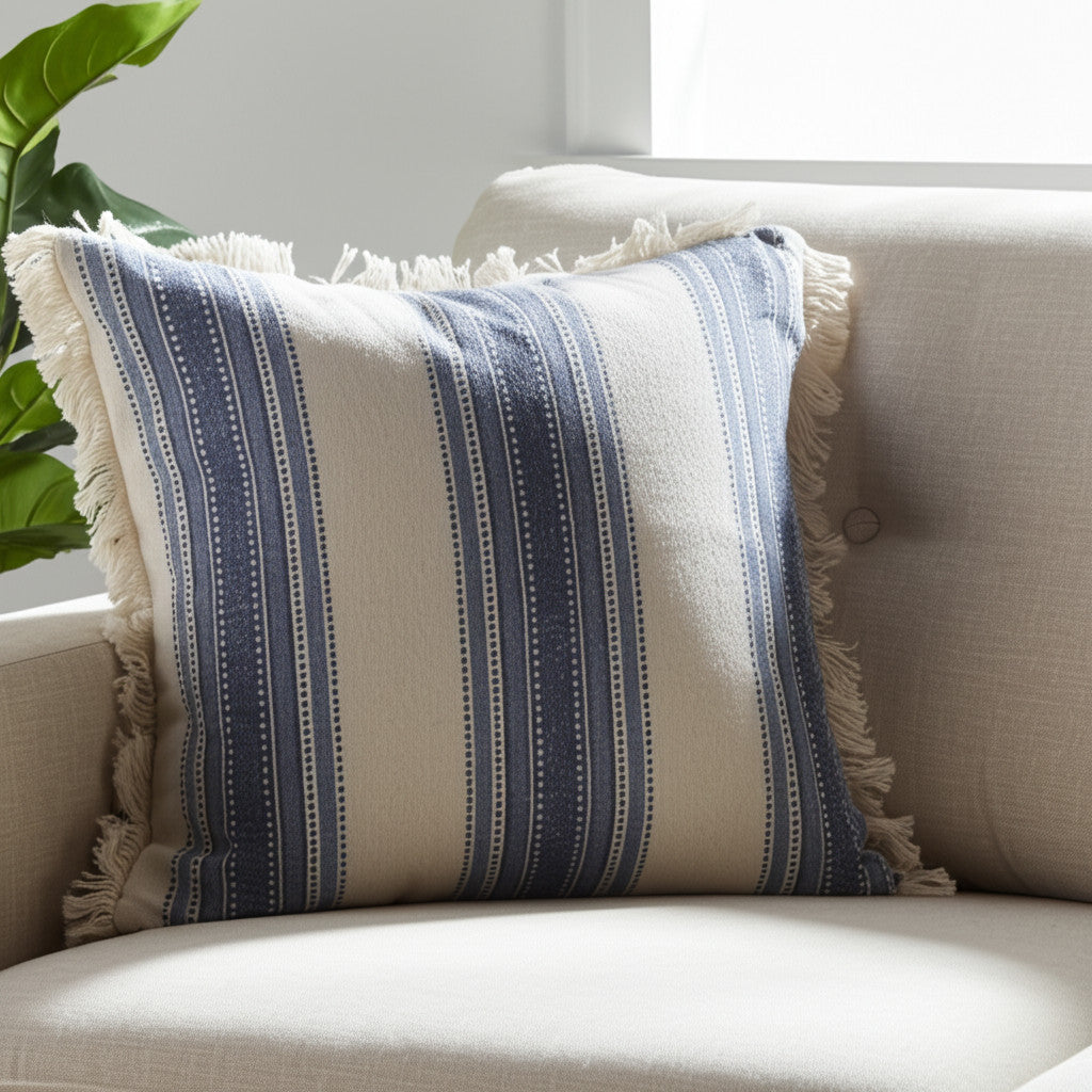18" Navy Blue And Ivory Cotton Coastal Throw Pillow with Fringe-0