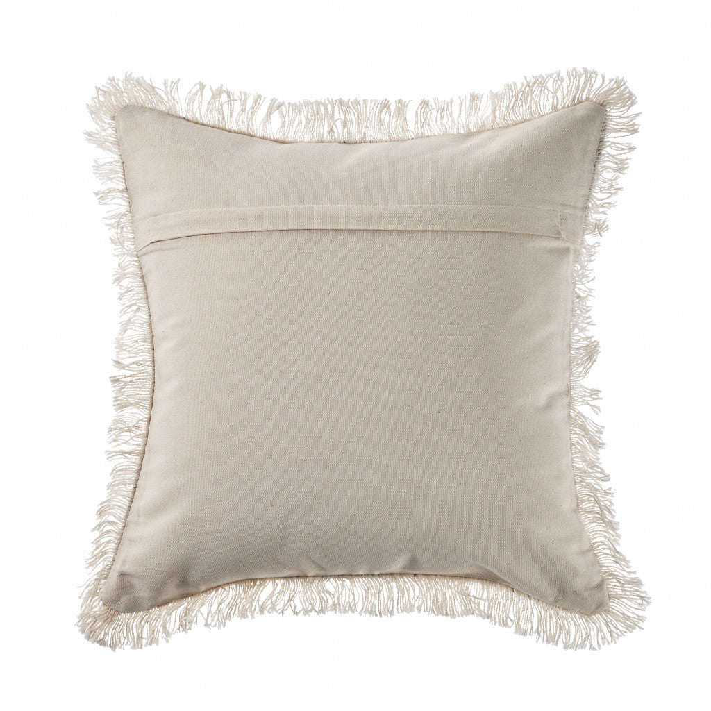18" Navy Blue And Ivory Cotton Coastal Throw Pillow with Fringe-2