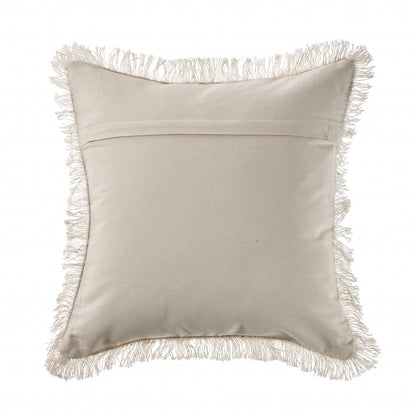 18" Navy Blue And Ivory Cotton Coastal Throw Pillow with Fringe-2