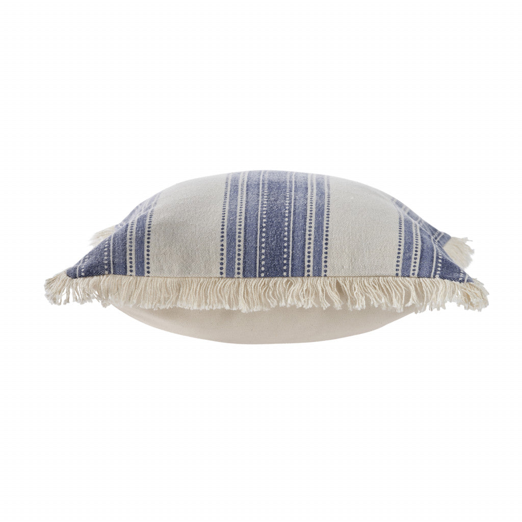 18" Navy Blue And Ivory Cotton Coastal Throw Pillow with Fringe-3