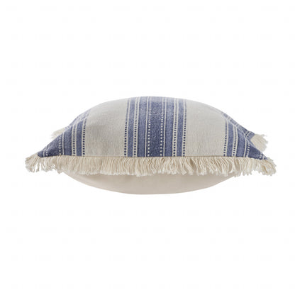 18" Navy Blue And Ivory Cotton Coastal Throw Pillow with Fringe-3