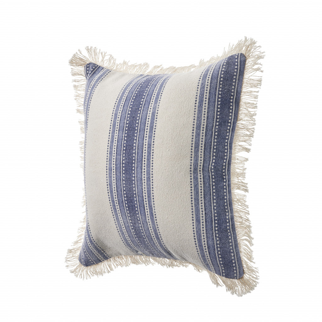 18" Navy Blue And Ivory Cotton Coastal Throw Pillow with Fringe-4