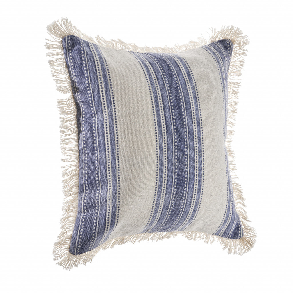 18" Navy Blue And Ivory Cotton Coastal Throw Pillow with Fringe-5