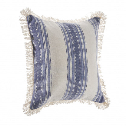 18" Navy Blue And Ivory Cotton Coastal Throw Pillow with Fringe-5