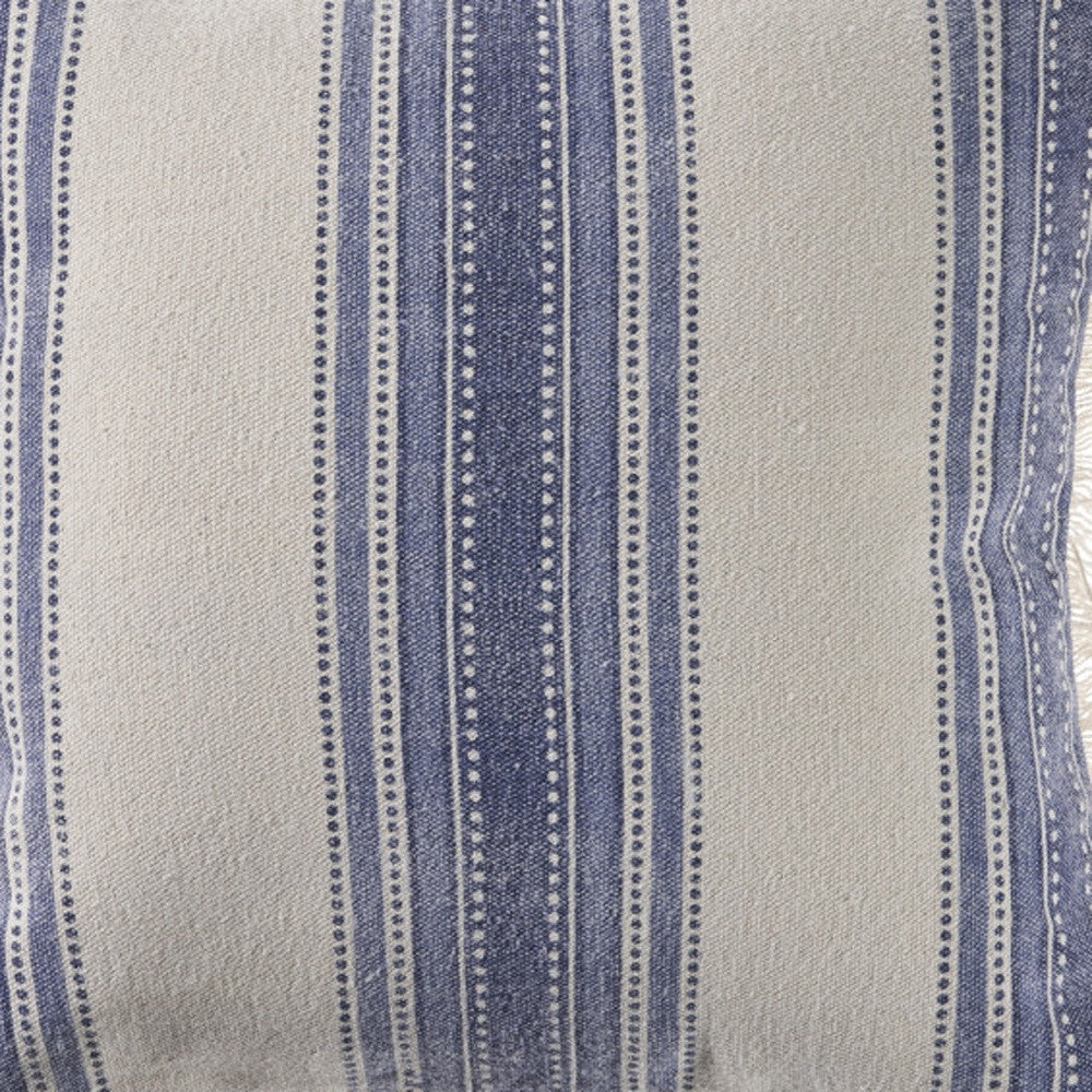 18" Navy Blue And Ivory Cotton Coastal Throw Pillow with Fringe-6