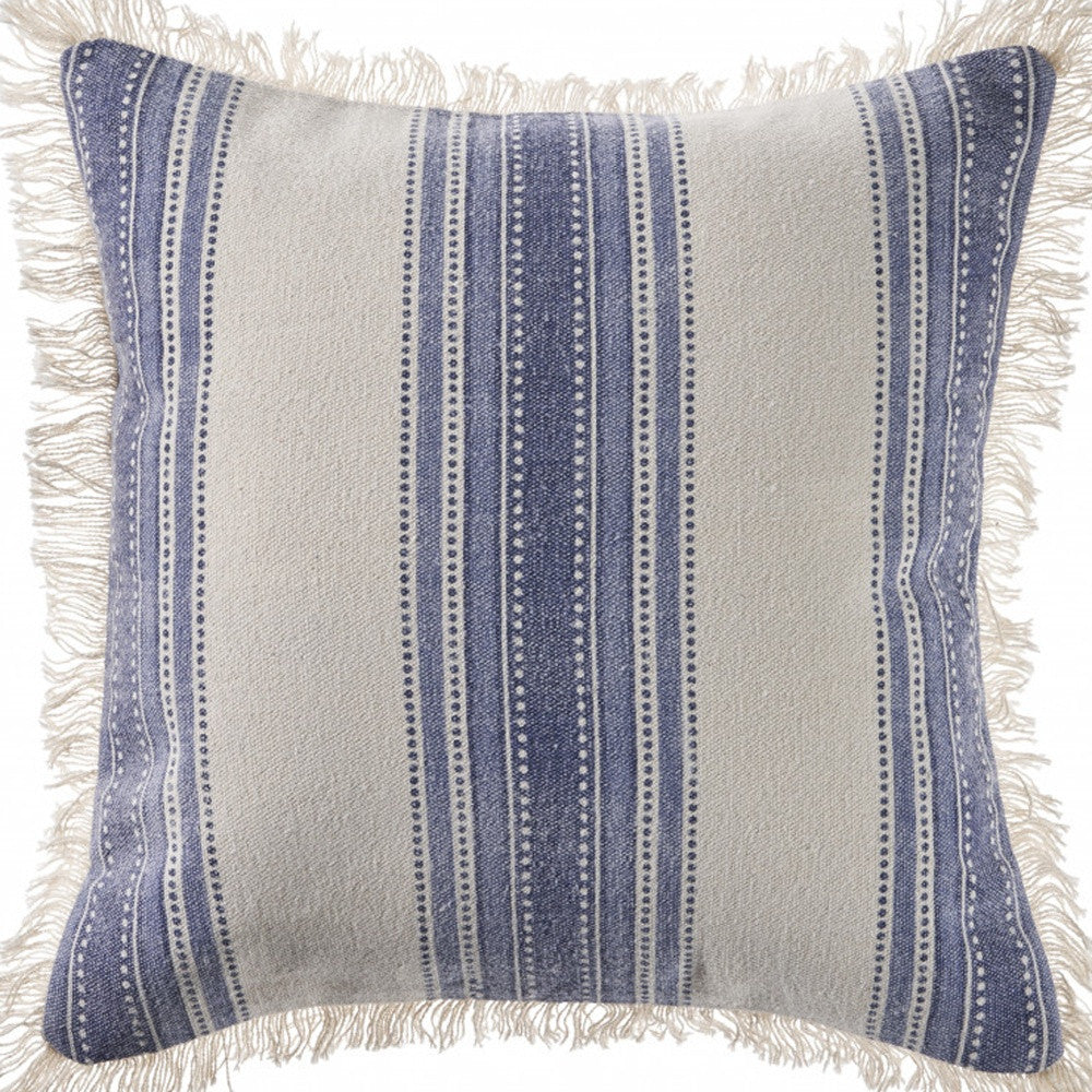 18" Navy Blue And Ivory Cotton Coastal Throw Pillow with Fringe-7