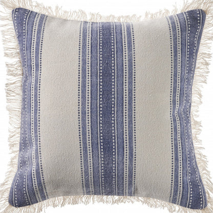 18" Navy Blue And Ivory Cotton Coastal Throw Pillow with Fringe-7