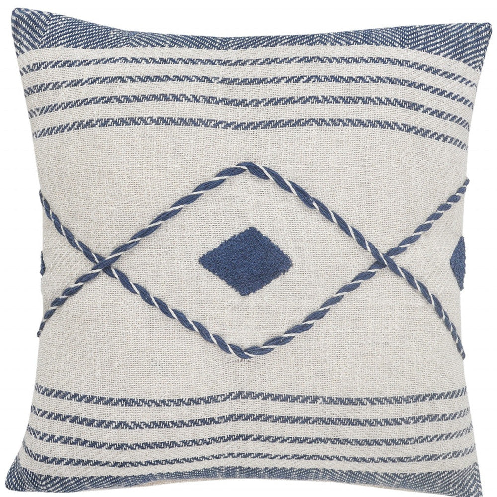 20" Ivory and Blue Coastal Cotton Throw Pillow With Texture-8