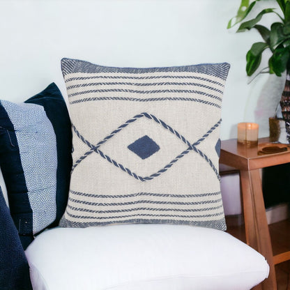 20" Ivory and Blue Coastal Cotton Throw Pillow With Texture-1