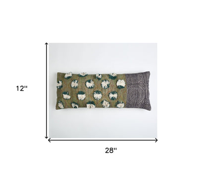 12" X 28" Beige and Green Abstract Cotton Throw Pillow Cover With Fringe-5