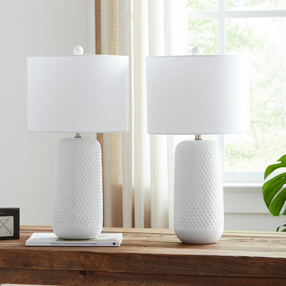 Set of Two 30" White Textured Ceramic Table Lamps With White Drum Shades-0