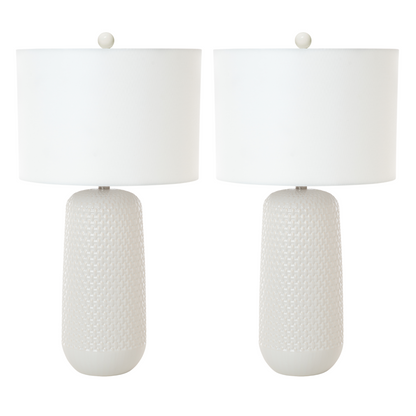 Set of Two 30" White Textured Ceramic Table Lamps With White Drum Shades-1