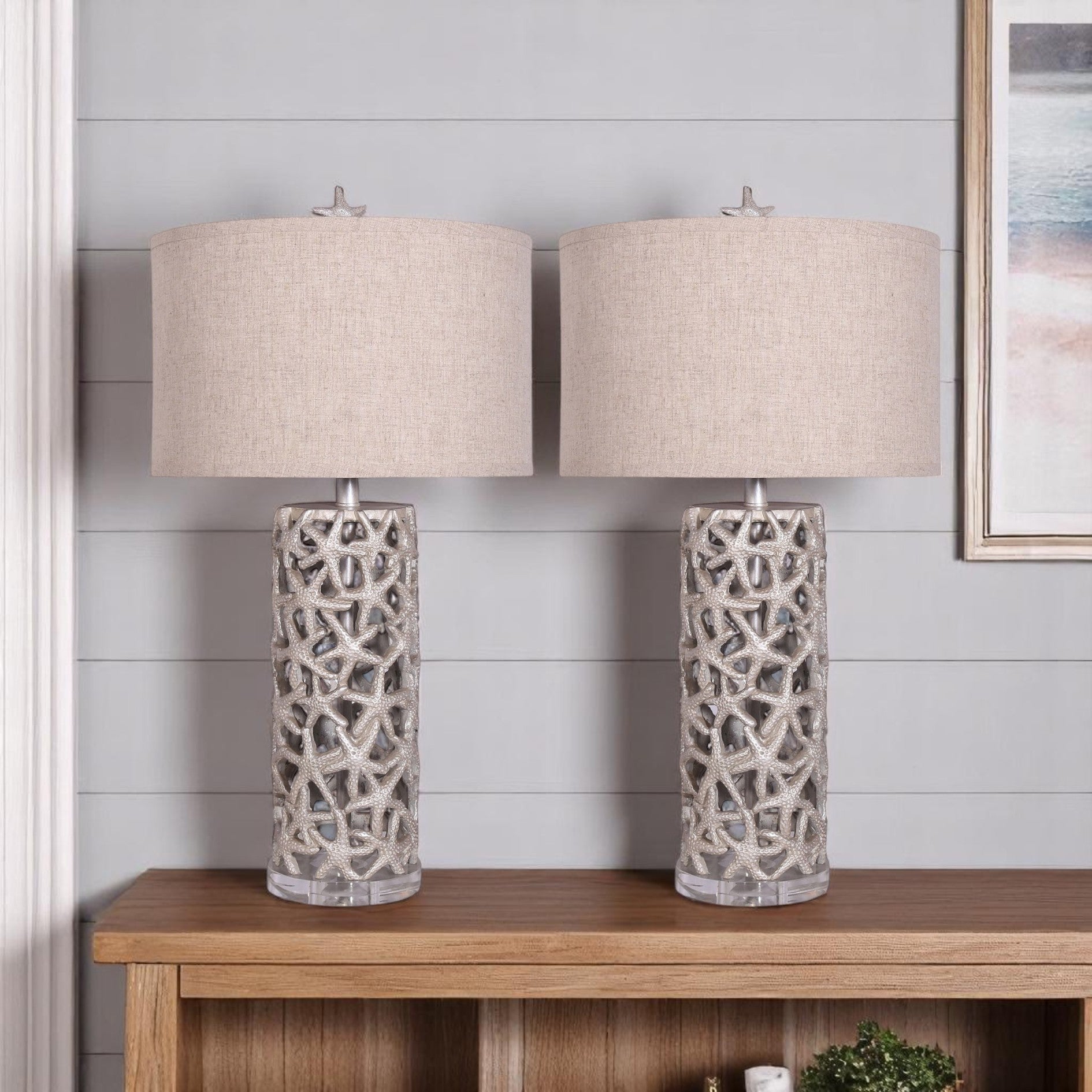 Set of Two 30" Silver Coastal Starfish Table Lamps With Beige Drum Shades-1