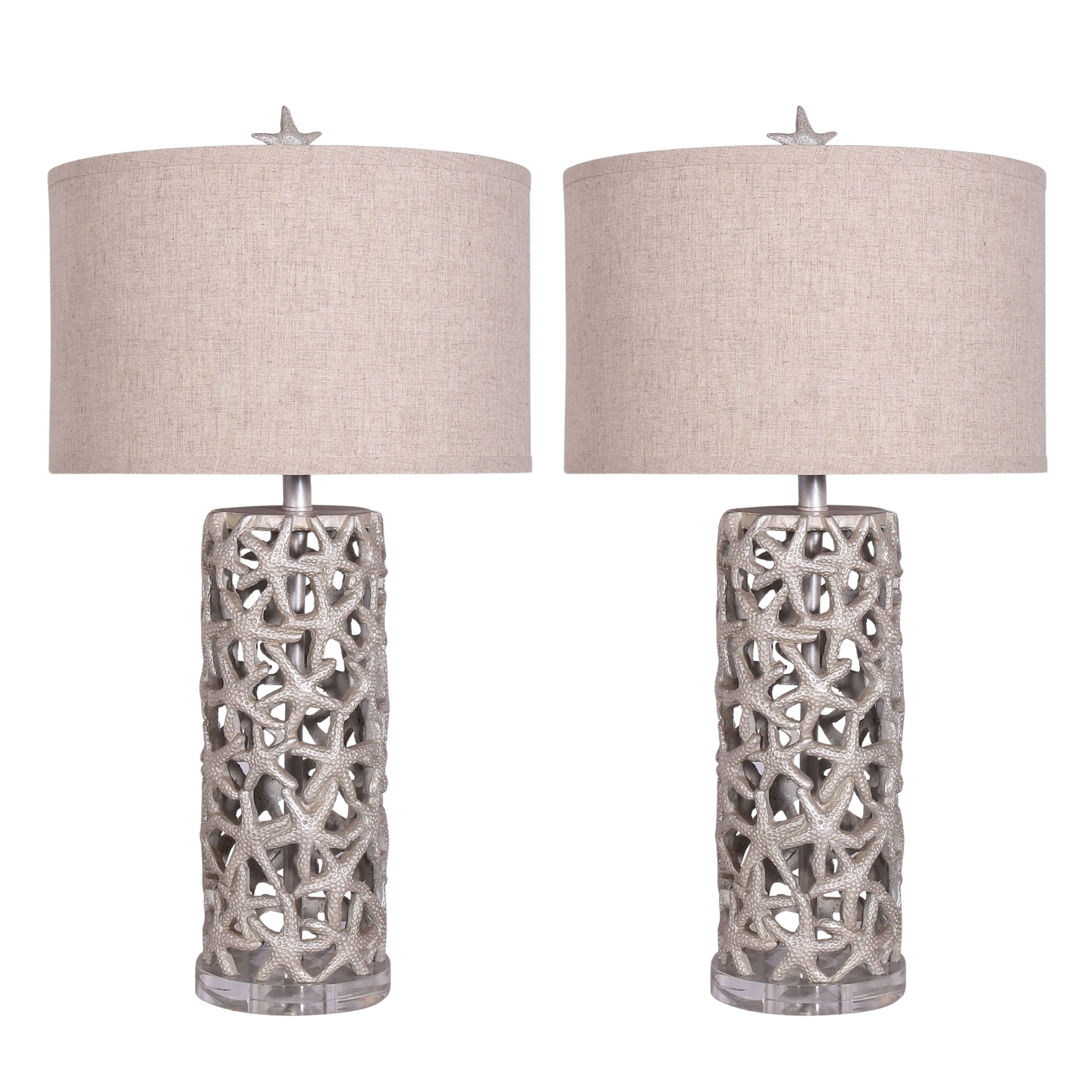 Set of Two 30" Silver Coastal Starfish Table Lamps With Beige Drum Shades-3