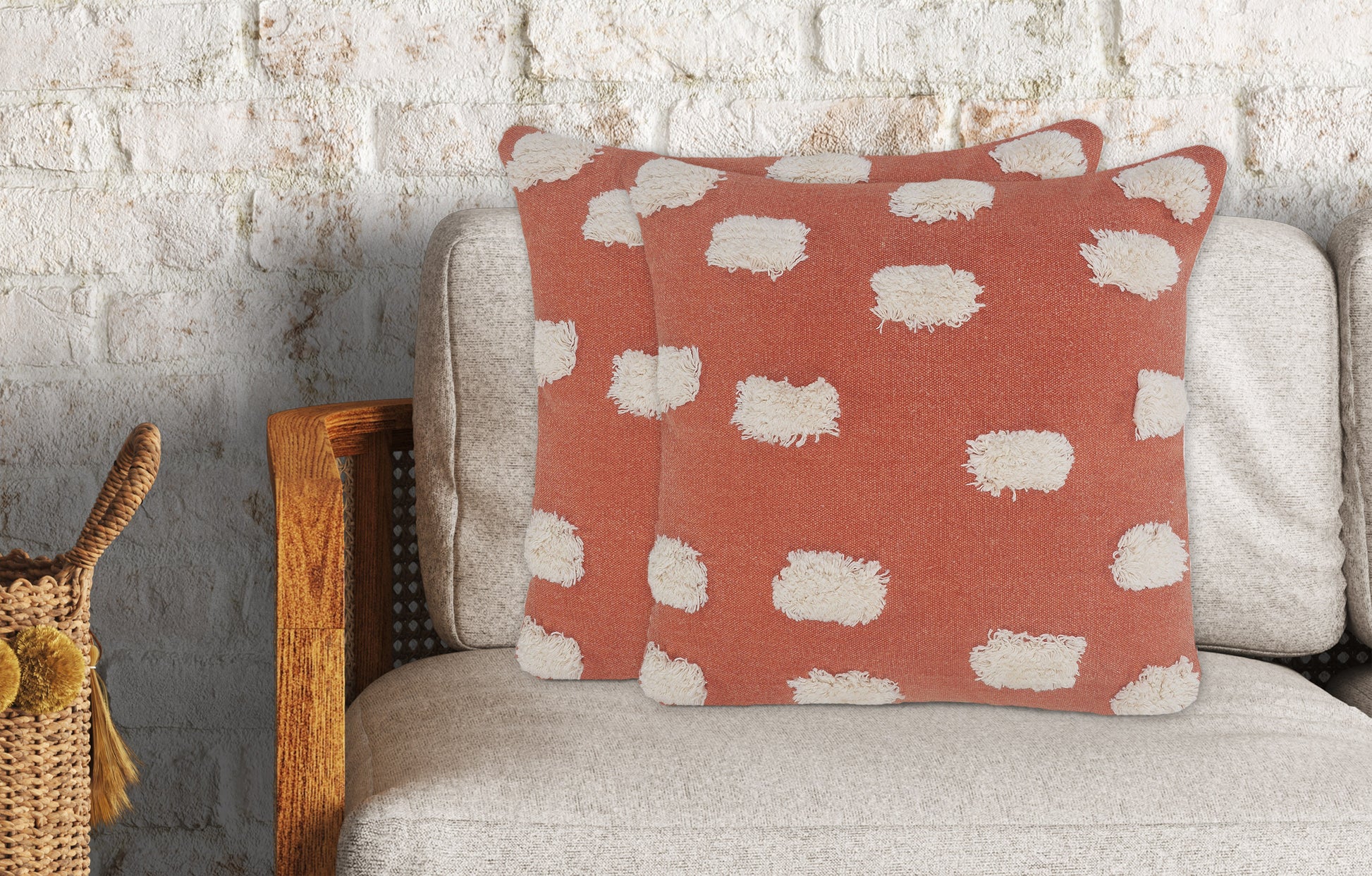 Set of Two 20" Orange And Natural And Orange Polka Dot Cotton Throw Pillows with Pompoms-6