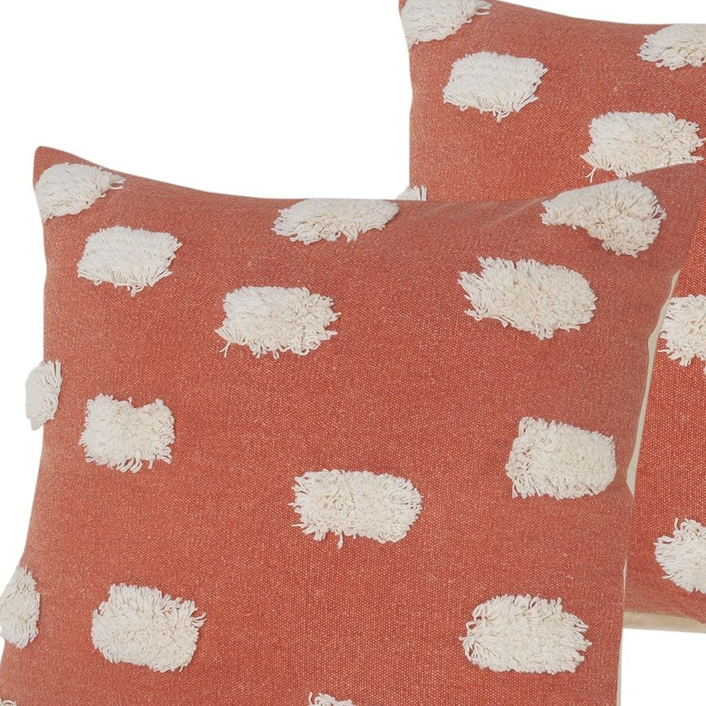Set of Two 20" Orange And Natural And Orange Polka Dot Cotton Throw Pillows with Pompoms-5