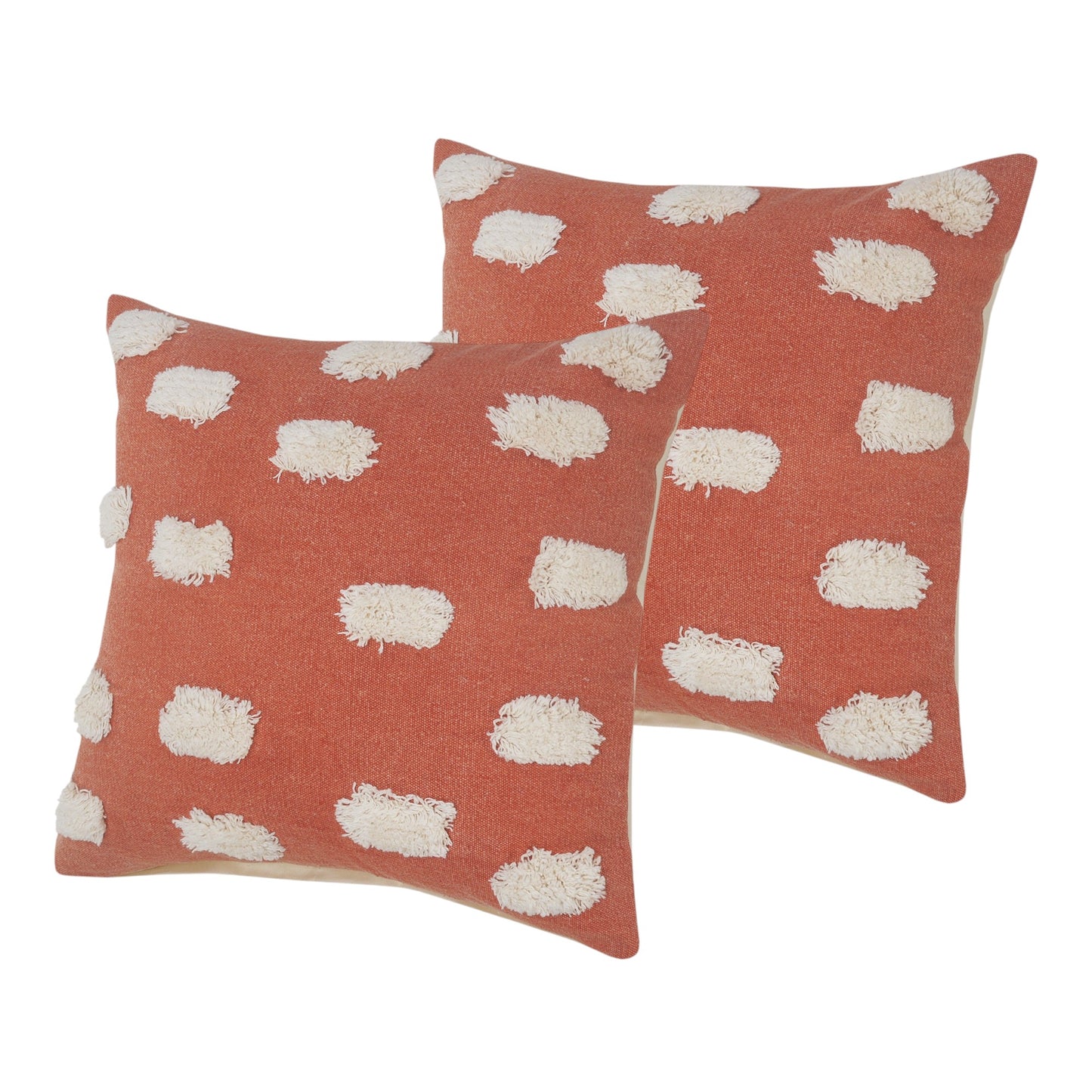 Set of Two 20" Orange And Natural And Orange Polka Dot Cotton Throw Pillows with Pompoms-1