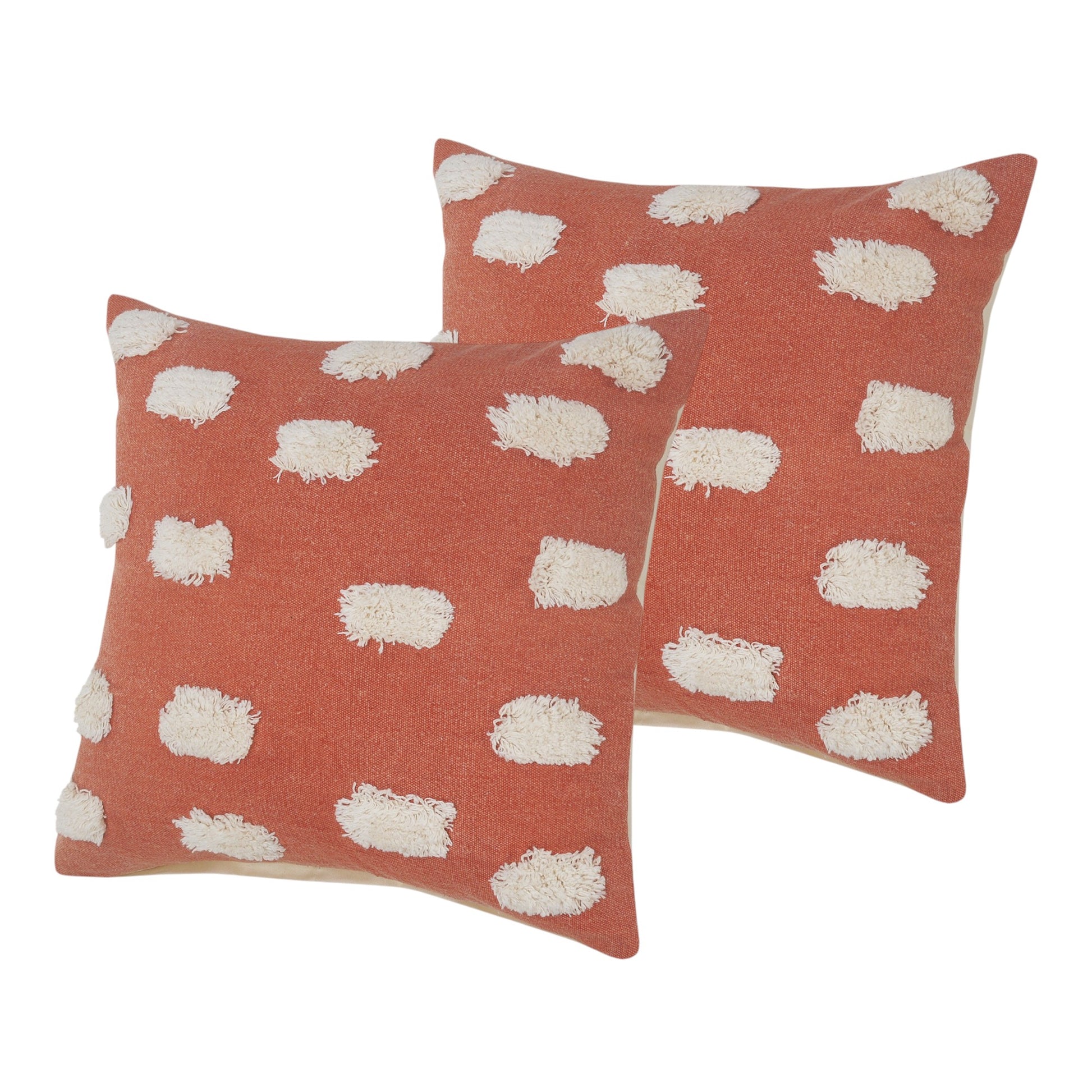 Set of Two 20" Orange And Natural And Orange Polka Dot Cotton Throw Pillows with Pompoms-1