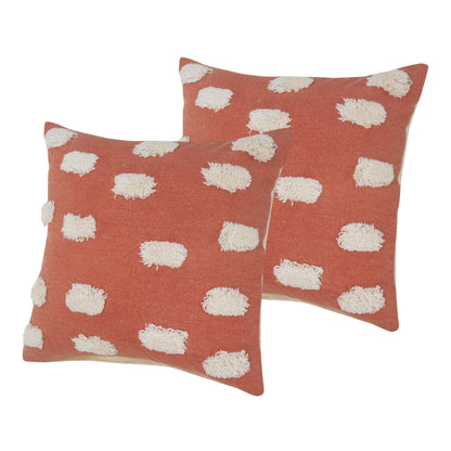Set of Two 20" Orange And Natural And Orange Polka Dot Cotton Throw Pillows with Pompoms-1