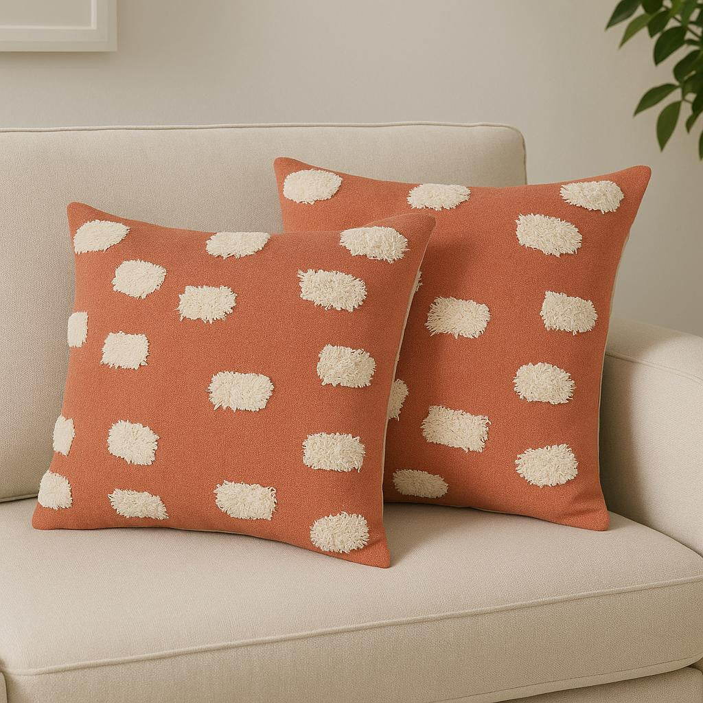 Set of Two 20" Orange And Natural And Orange Polka Dot Cotton Throw Pillows with Pompoms-0