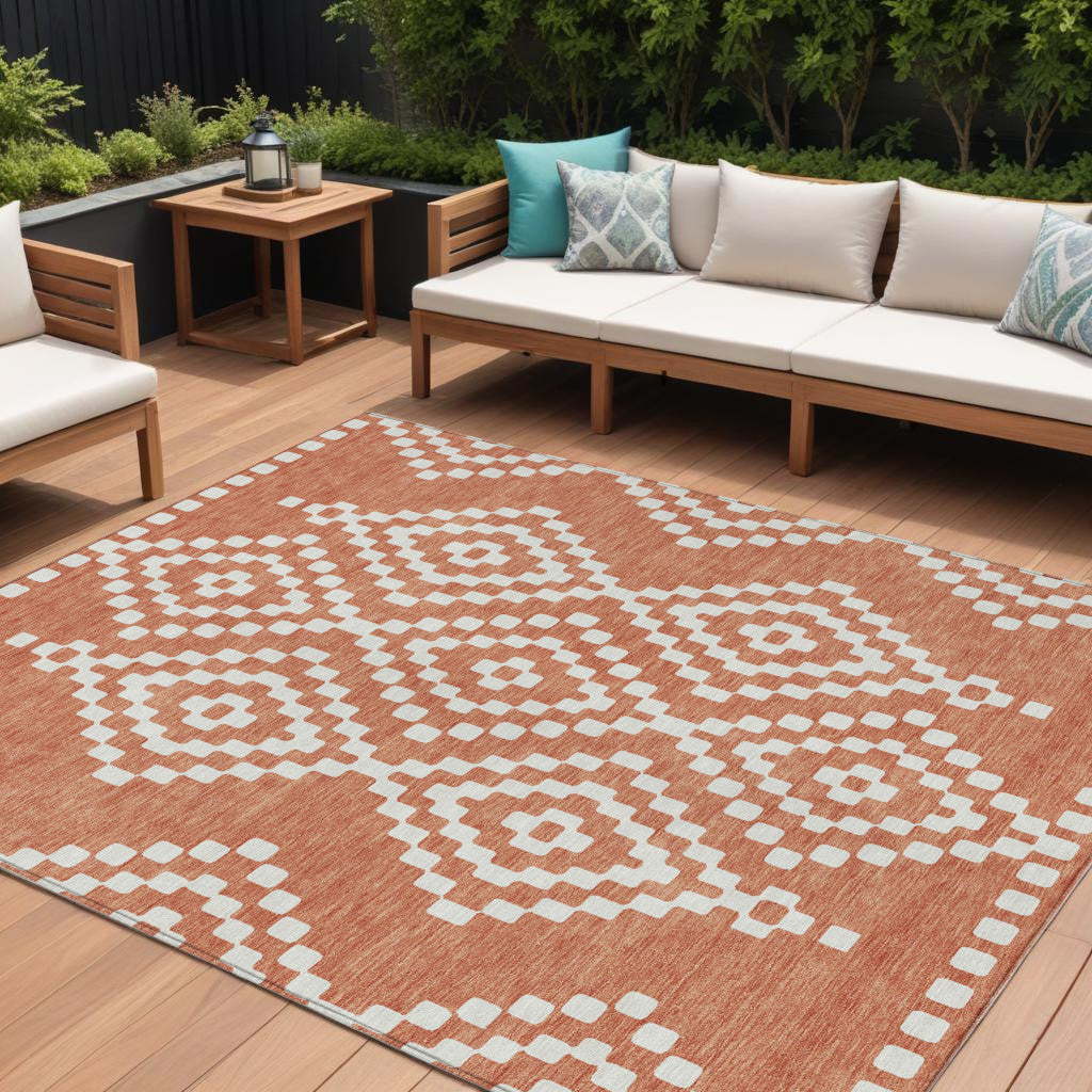 8' X 10' Salmon And Ivory Geometric Washable Indoor Outdoor Area Rug-0