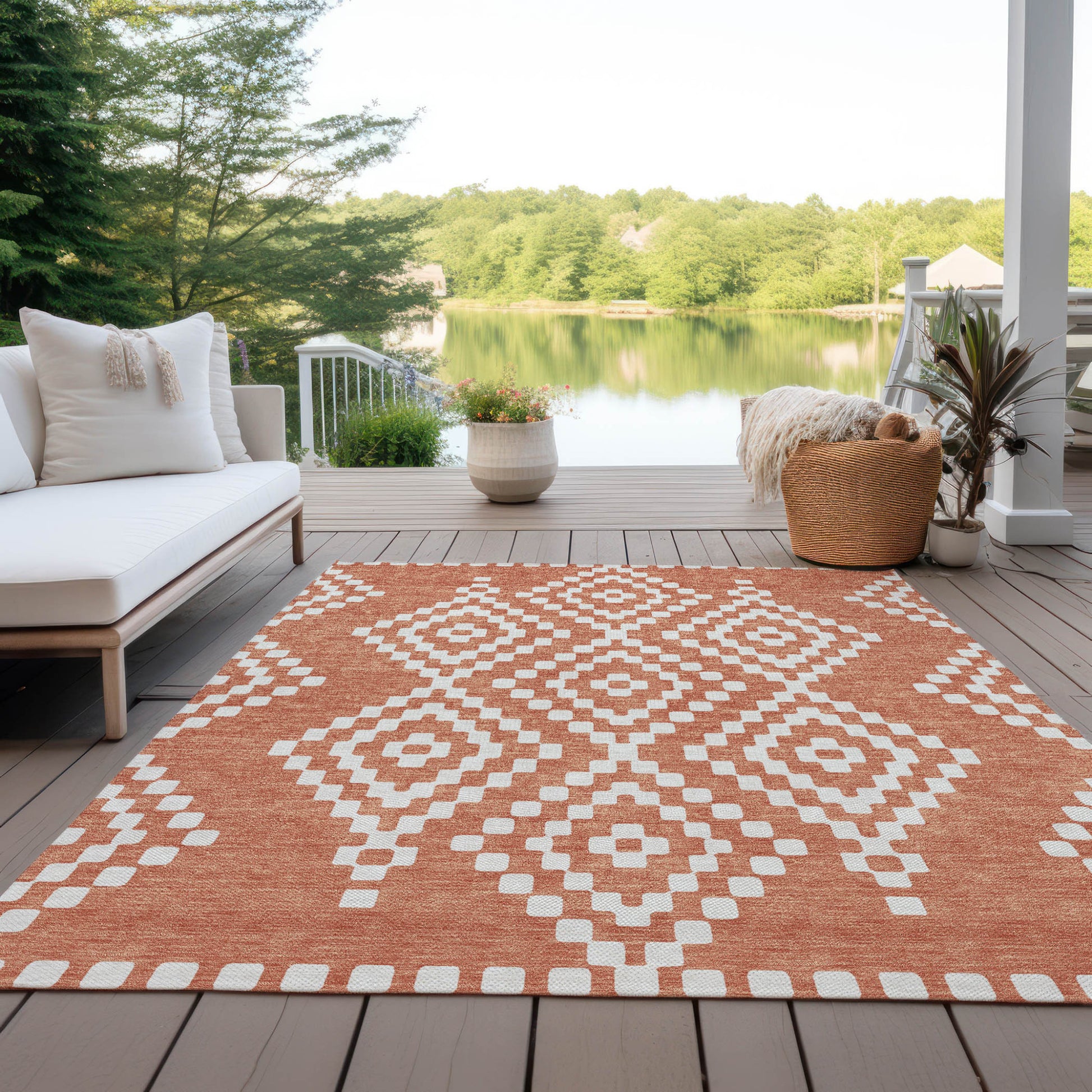 8' X 10' Salmon And Ivory Geometric Washable Indoor Outdoor Area Rug-8