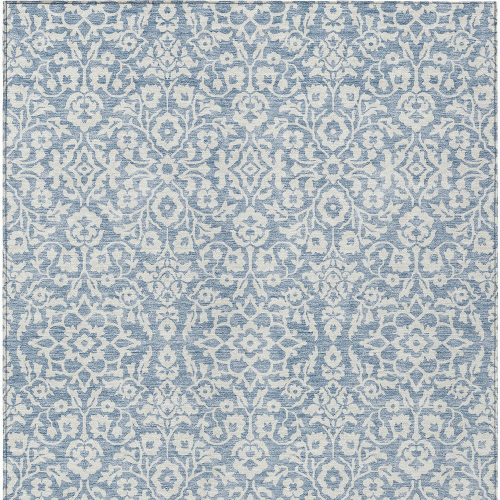 9' X 12' Denim Blue And Ivory Damask Washable Indoor Outdoor Area Rug-4