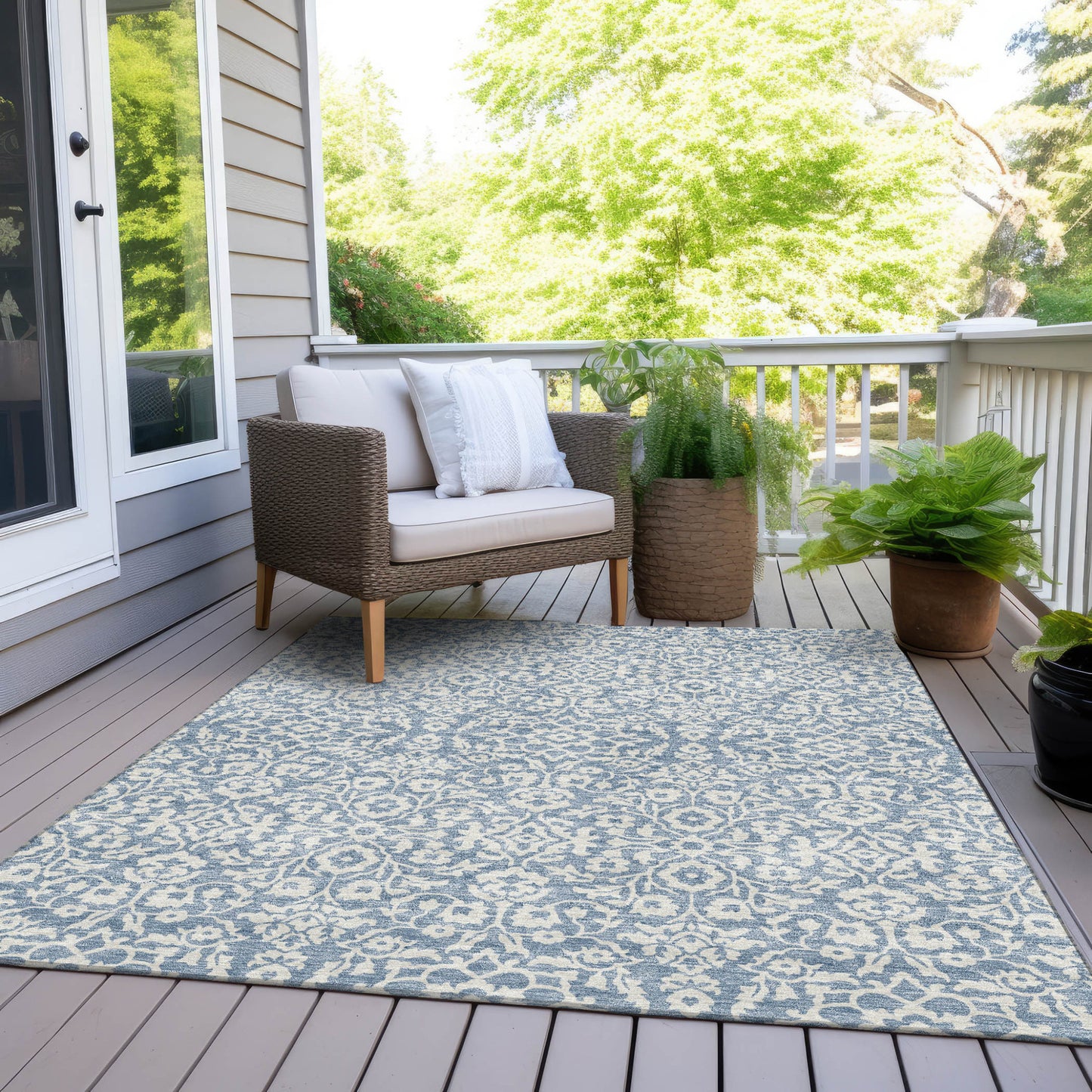 9' X 12' Denim Blue And Ivory Damask Washable Indoor Outdoor Area Rug-5