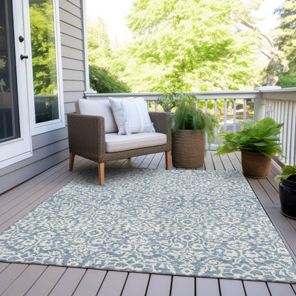 9' X 12' Denim Blue And Ivory Damask Washable Indoor Outdoor Area Rug-5
