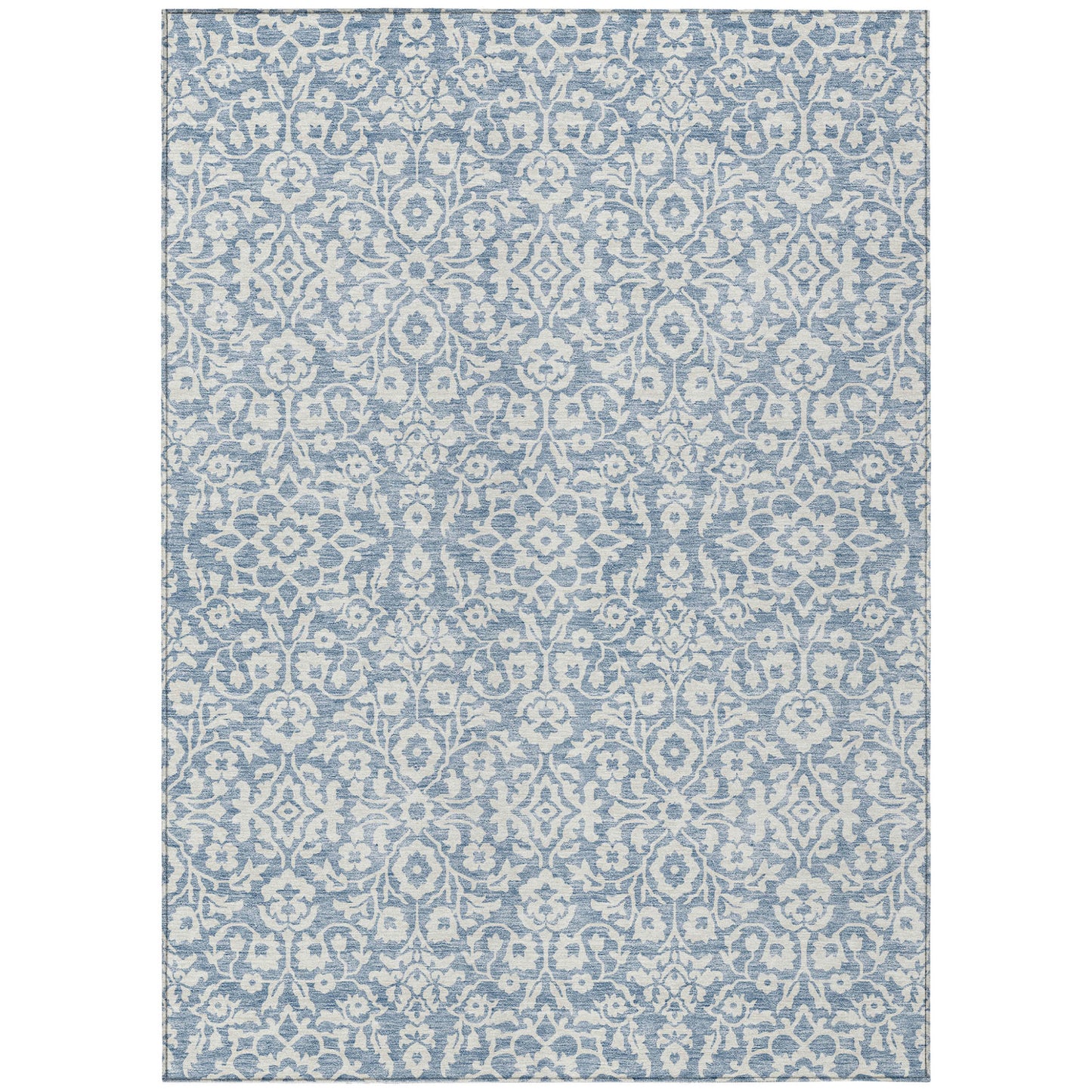 9' X 12' Denim Blue And Ivory Damask Washable Indoor Outdoor Area Rug-0