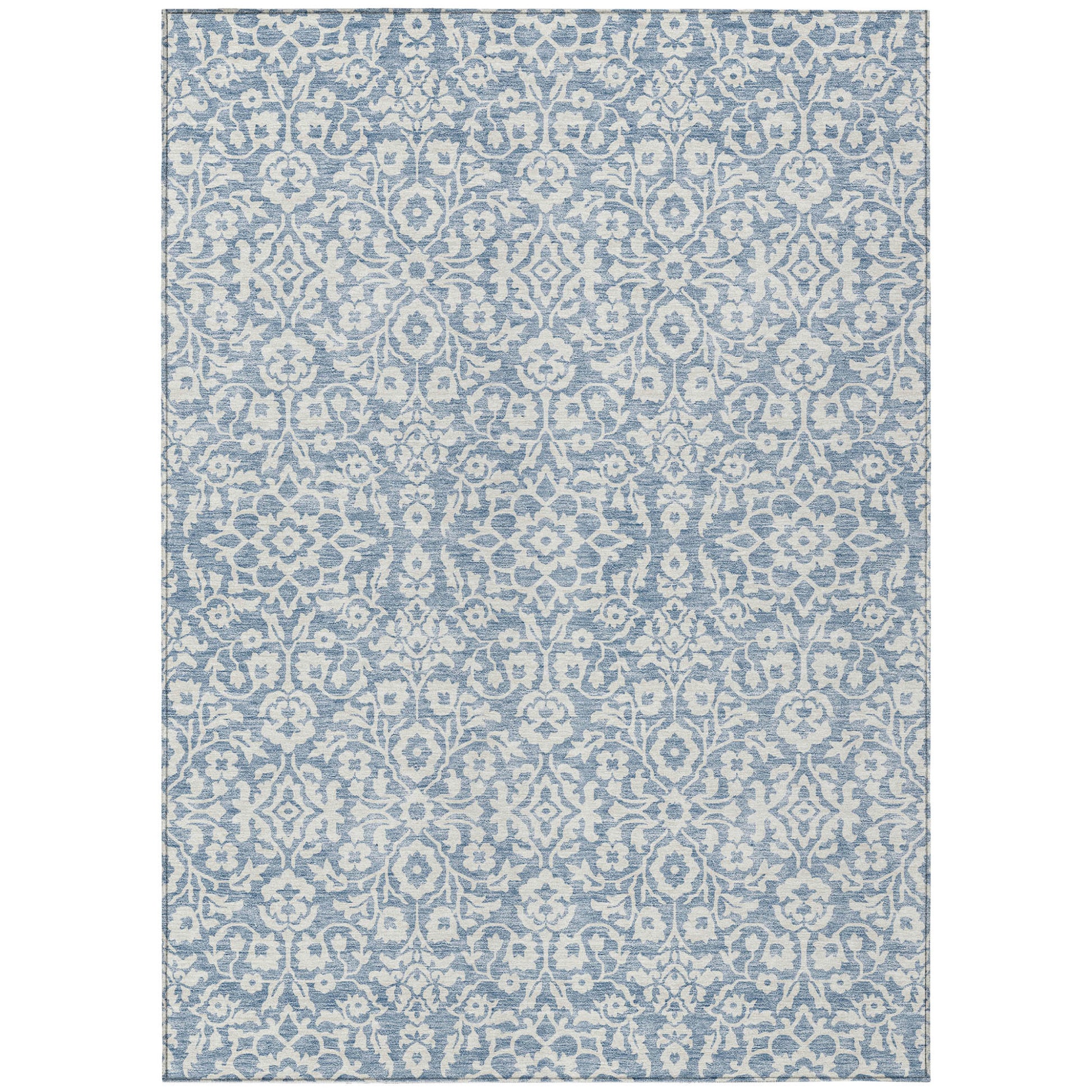 9' X 12' Denim Blue And Ivory Damask Washable Indoor Outdoor Area Rug-0