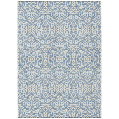 9' X 12' Denim Blue And Ivory Damask Washable Indoor Outdoor Area Rug-0