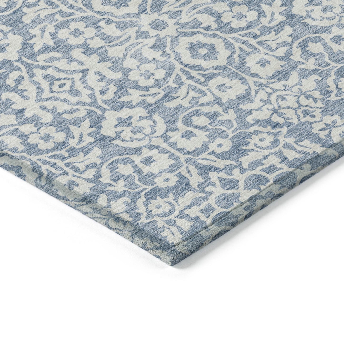 9' X 12' Denim Blue And Ivory Damask Washable Indoor Outdoor Area Rug-2