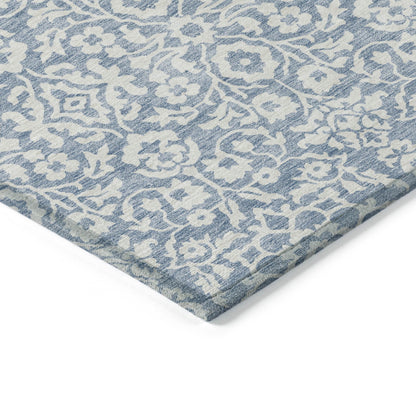 9' X 12' Denim Blue And Ivory Damask Washable Indoor Outdoor Area Rug-2