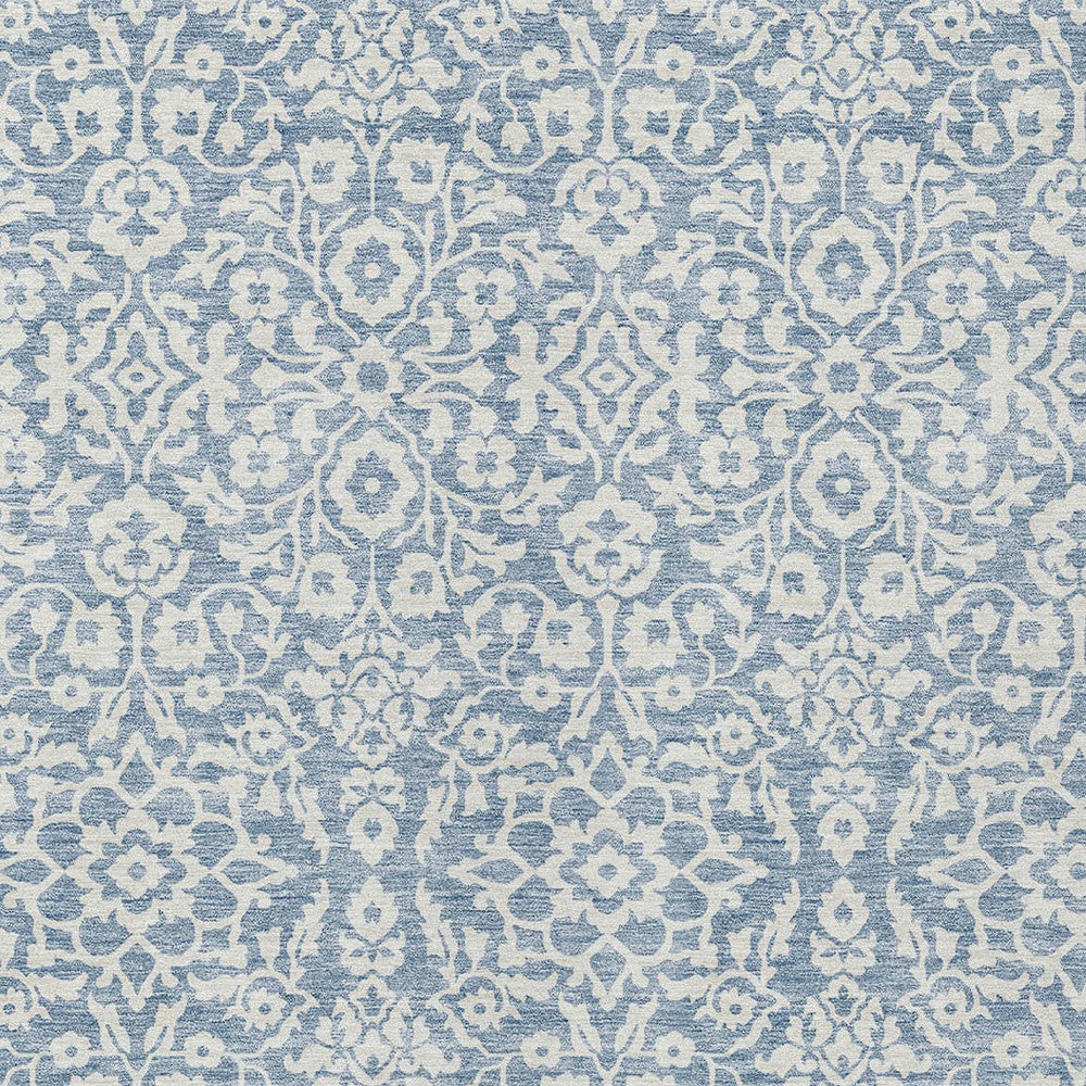9' X 12' Denim Blue And Ivory Damask Washable Indoor Outdoor Area Rug-3