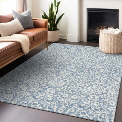 9' X 12' Denim Blue And Ivory Damask Washable Indoor Outdoor Area Rug-6