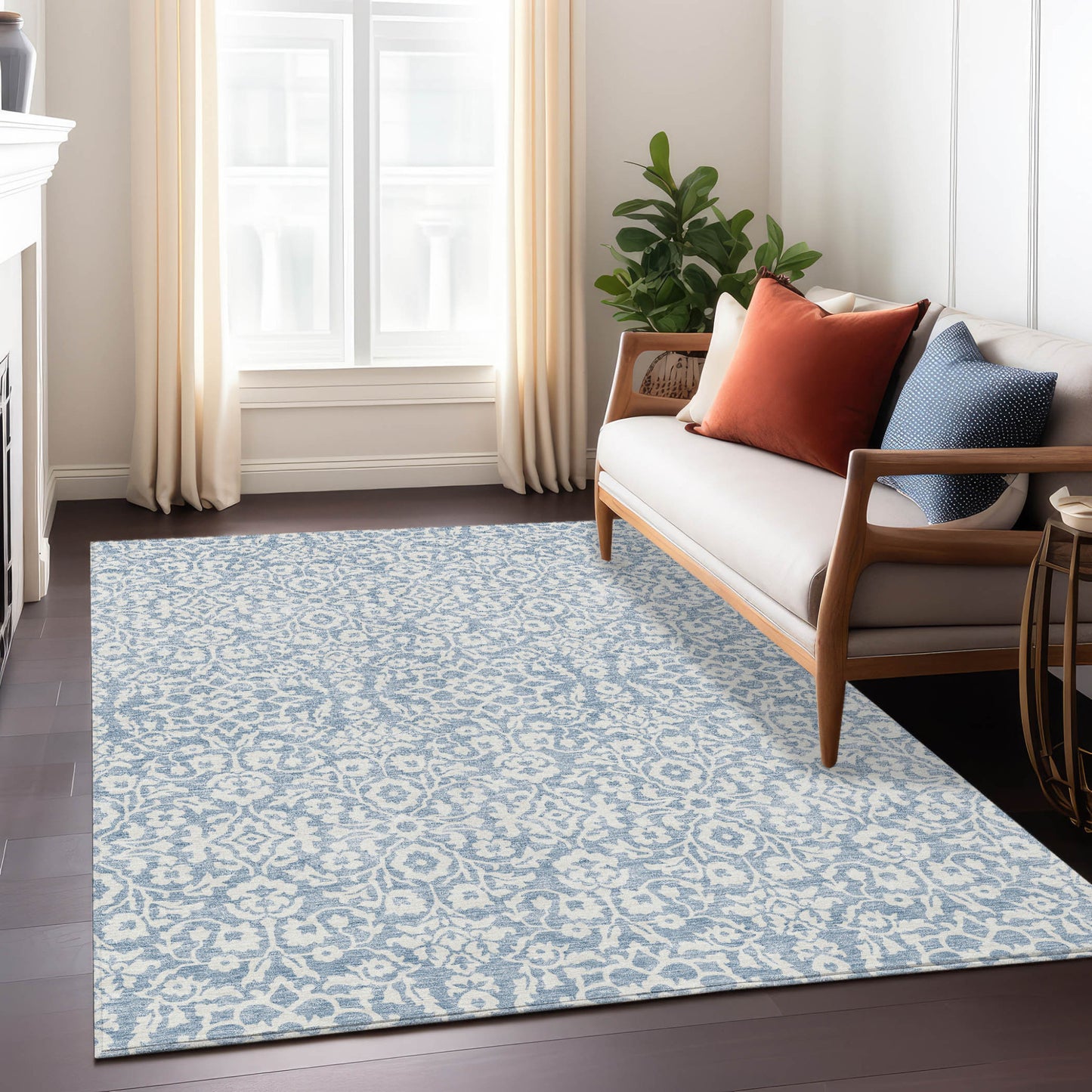 9' X 12' Denim Blue And Ivory Damask Washable Indoor Outdoor Area Rug-7